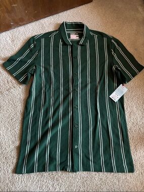 Cat & Jack Green and White Vertical Stripe Short-Sleeve Button-Down Shirt